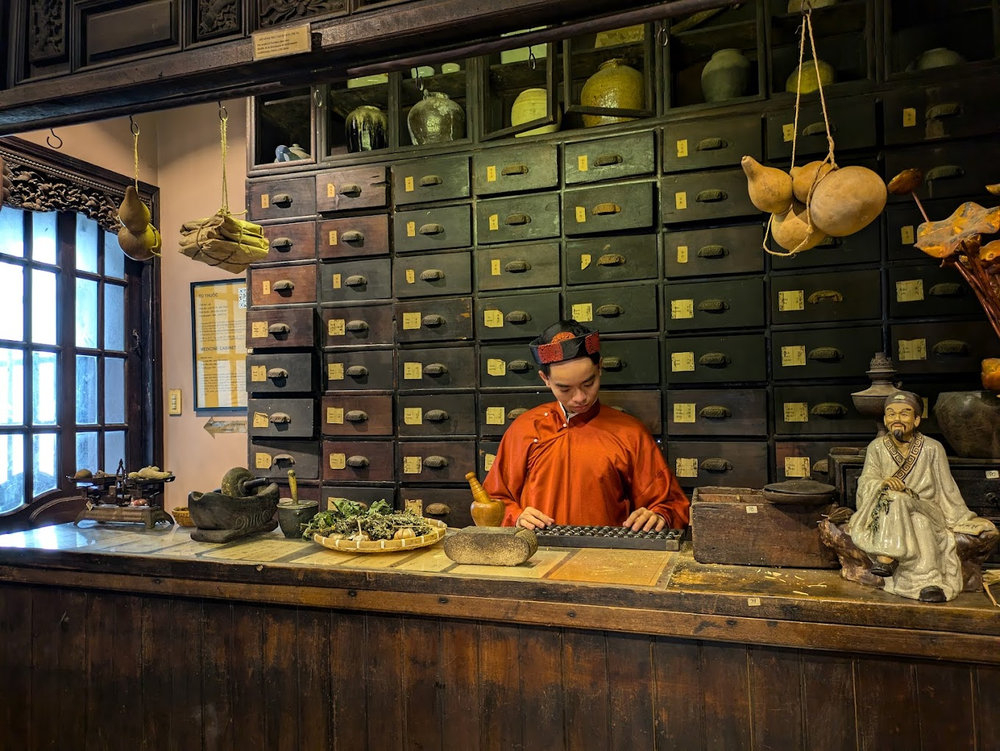 Neatly arranged wooden shelves hold an array of medicinal herbs